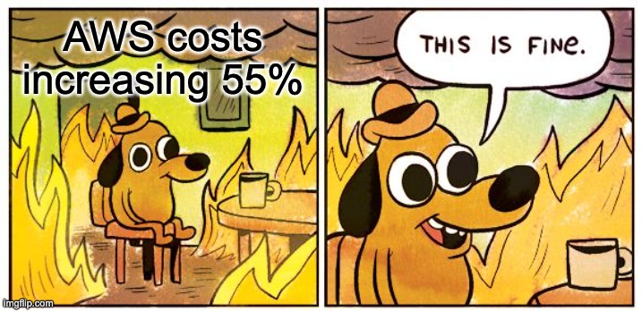 A popular meme showing a cartoon dog sitting at a table drinking coffee, surrounded by flames in a burning room. The dog is wearing a small hat and has a calm, slightly forced smile. Above the scene is text reading 'AWS costs increasing 55%' and below is the dog's famous quote 'This is fine.' The meme ironically portrays maintaining composure while ignoring an obviously dangerous situation, representing how teams sometimes overlook escalating cloud costs until they become a serious problem.
